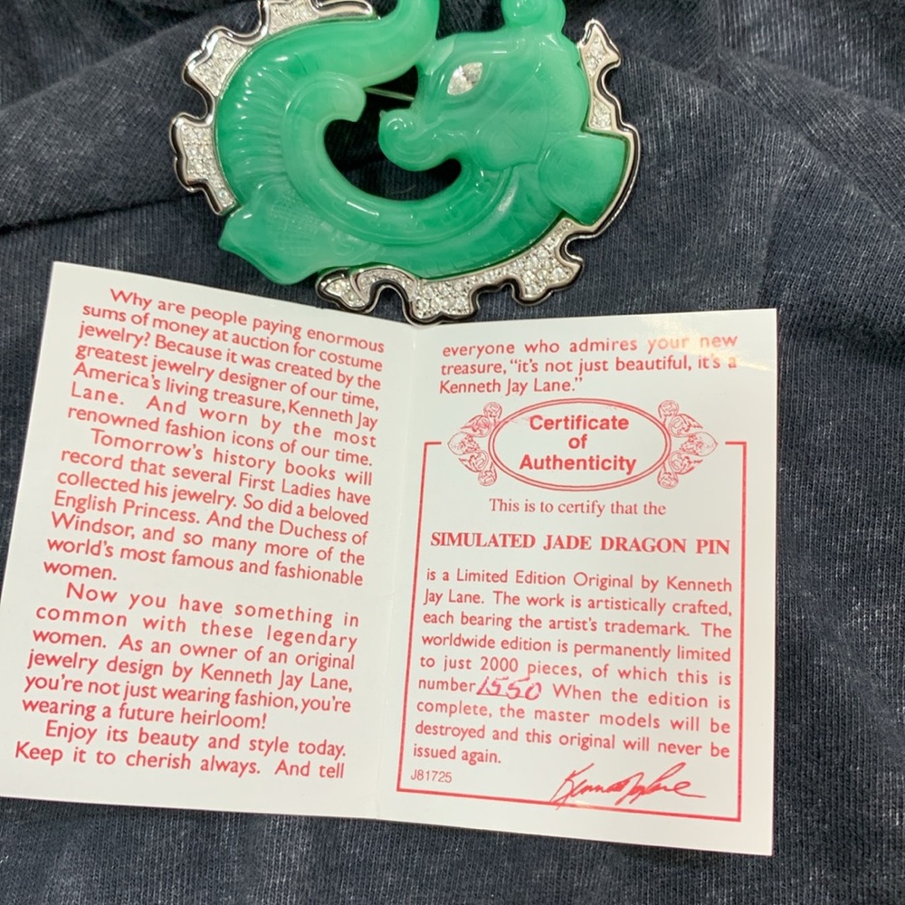 Kenneth Jay Lane Simulated Jade Dragon Pin. - Picture 7 of 8